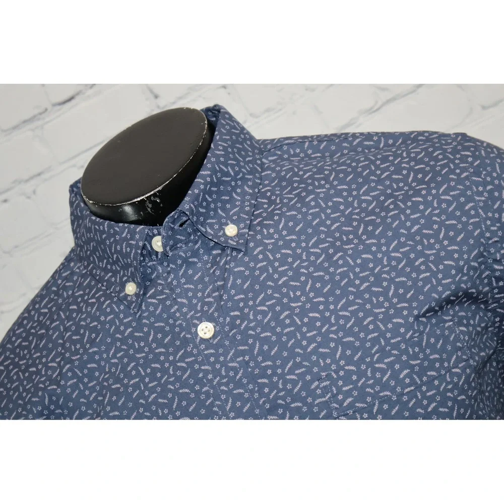 Banana Republic Dress Shirt Mens Large Blue Floral Untucked Fit Organic Cotton